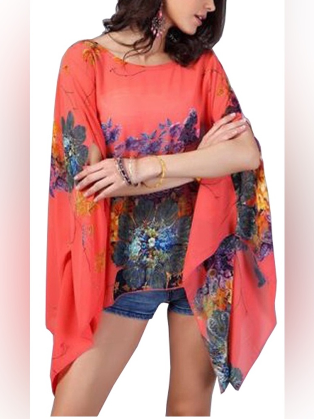 NWT Cocolor Coral Floral Print Sheer Poncho‎ Asymmetrical Blouse Size M